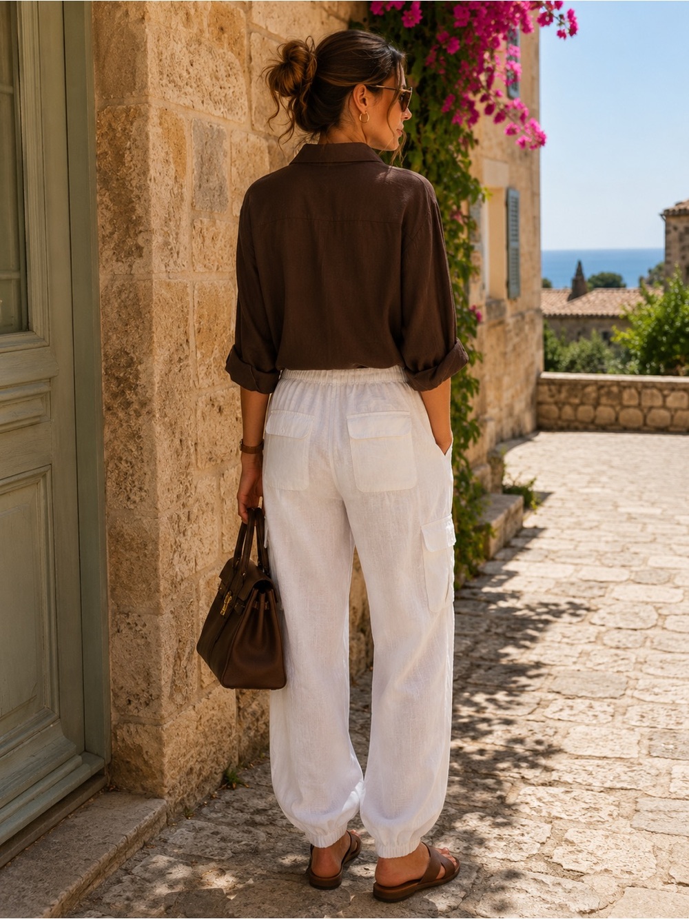 Nicole Miller 100% Linen White Cargo Joggers with Drawstring Waist - Picture 3 of 4